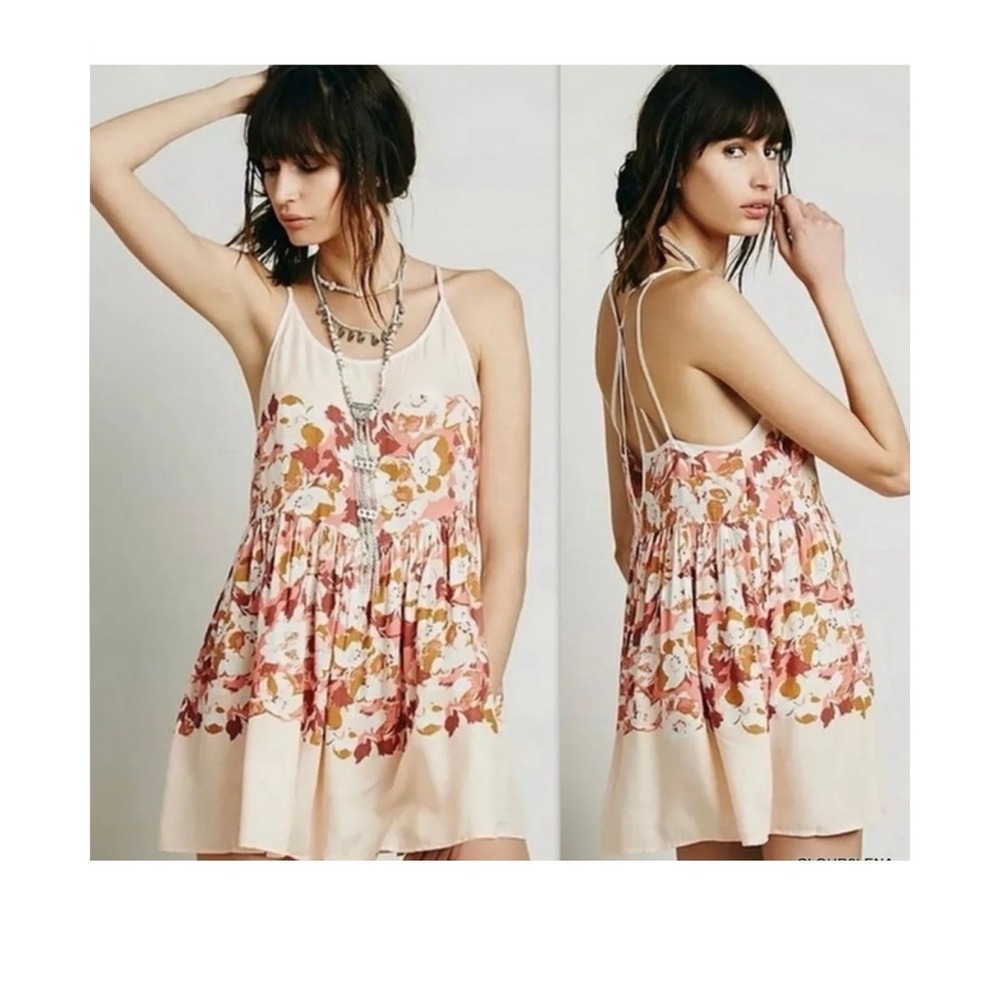 Free People Cream Floral Mini Dress with Pink and Rust Accents
